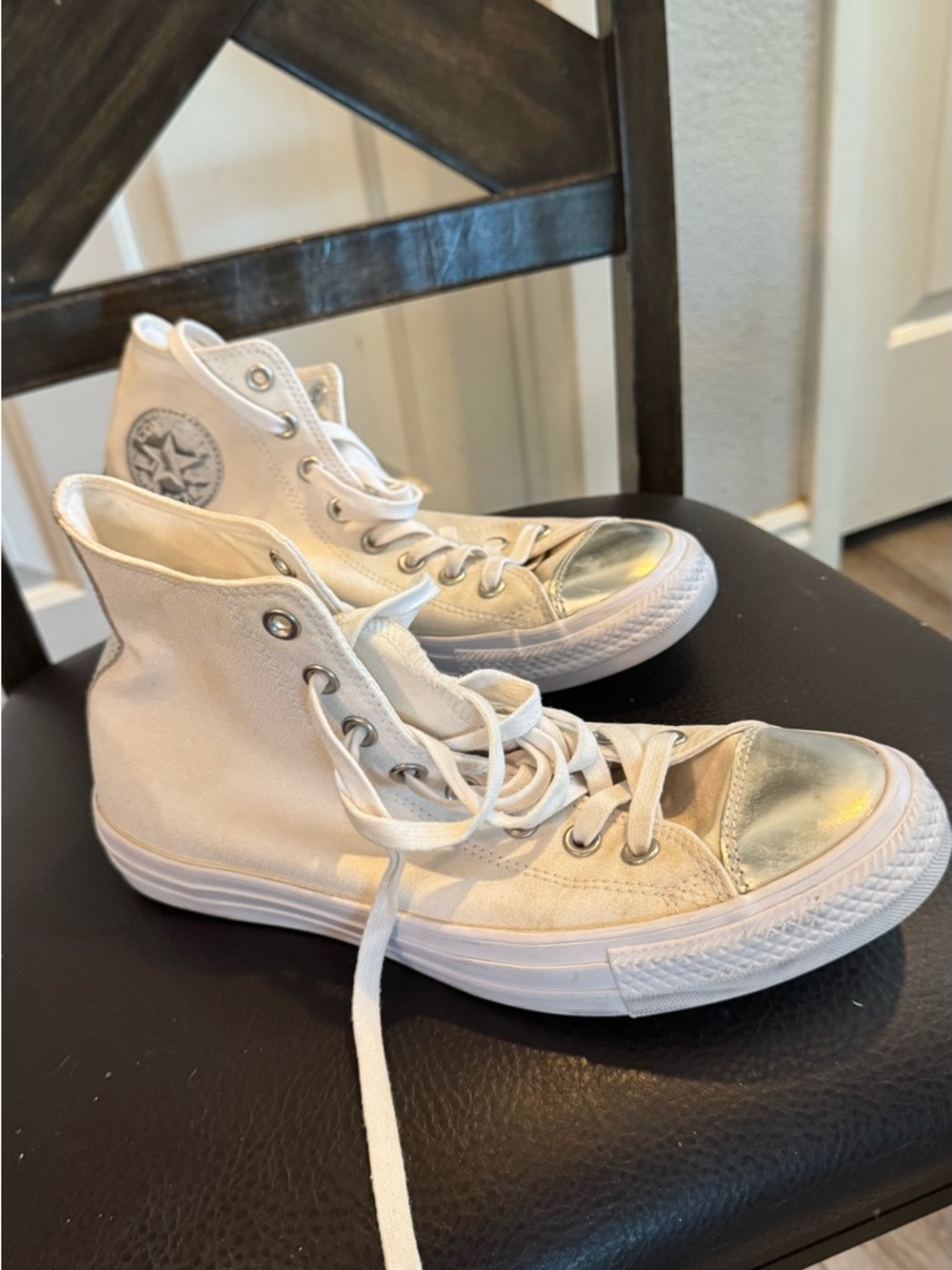 White High-Top Canvas Sneakers with Metallic Silver Toes - Picture 3 of 7